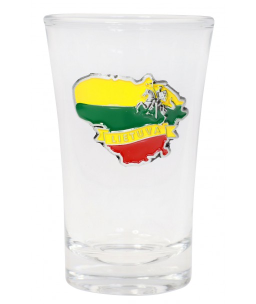 Stikliukas su Lietuvos kontūru ir herbu